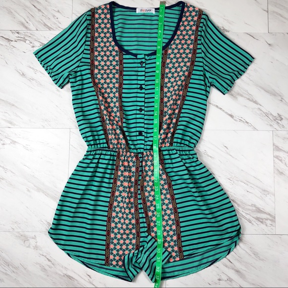 Jade and Navy Romper with Floral Details. - Picture 3 of 7